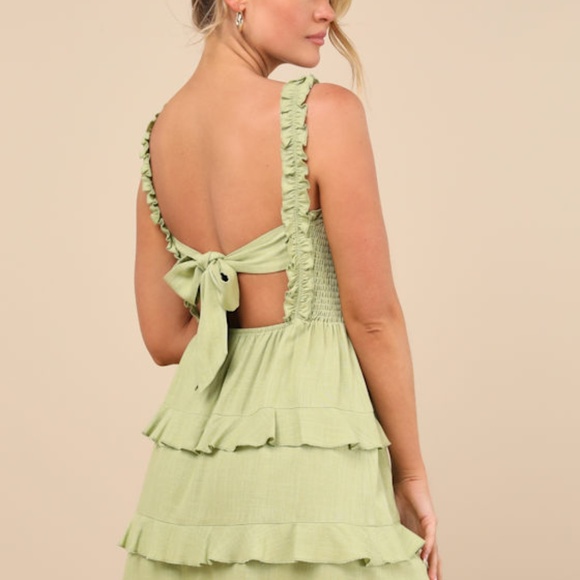 Lulus Super Sweet Lime Green Smocked Ruffled Tie-back Mini Dress - Size L - Picture 1 of 3